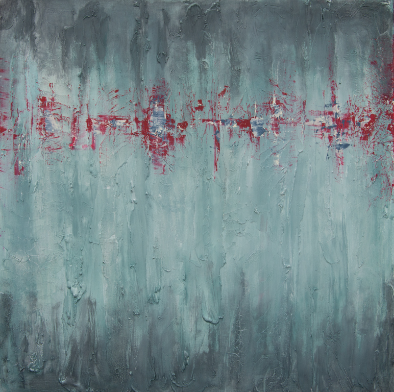 large abstract art for sale greys blues and red and textured hearbeat theme red line