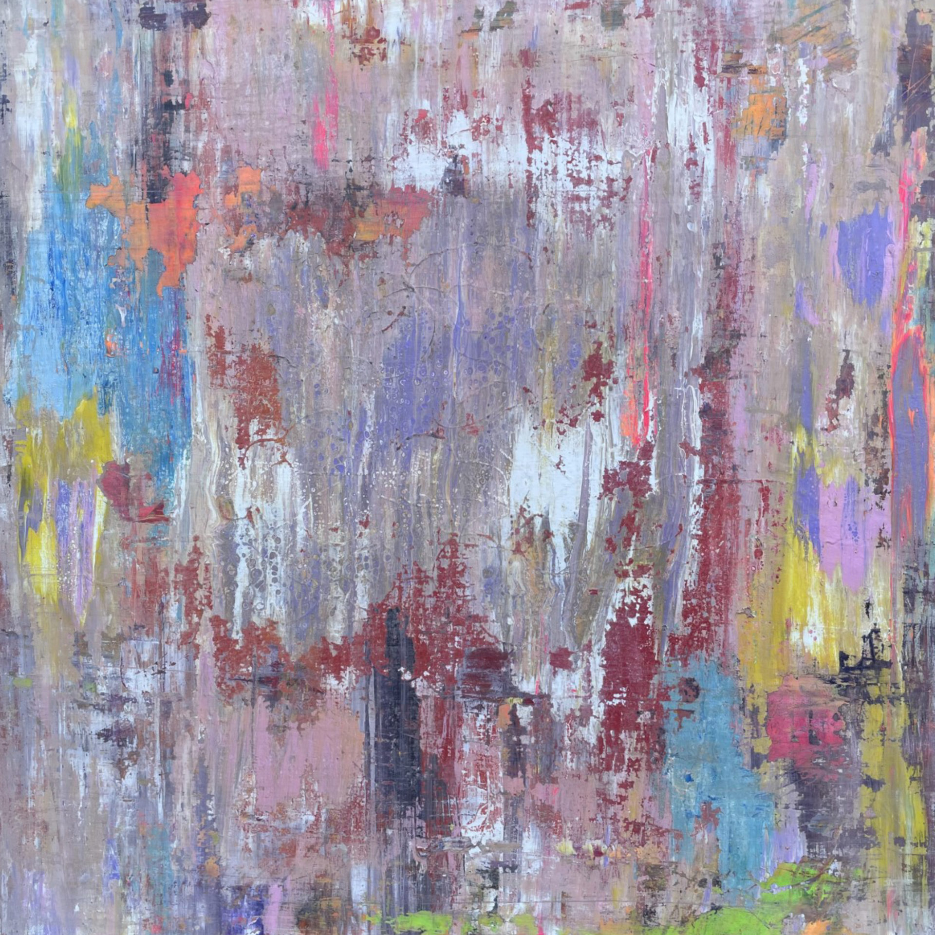 old paint layered piece of art pink blue white red and yellow 1m x 1m piece of art distressed look