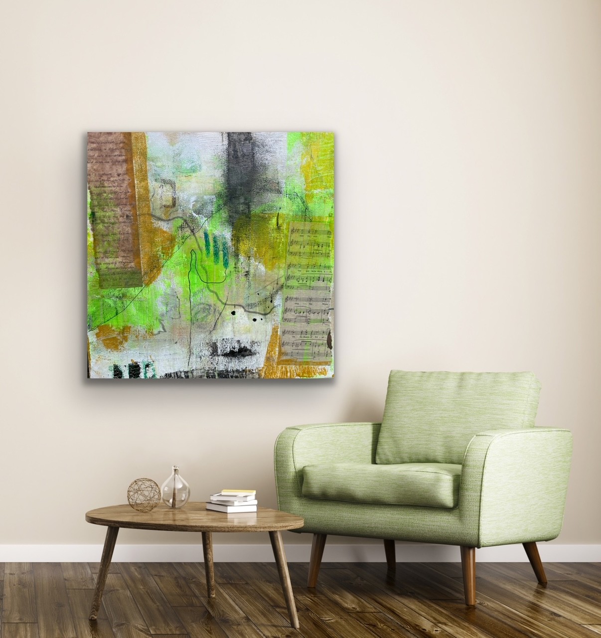 Vibrant abstract art for sale UK green yellows and natural colours square