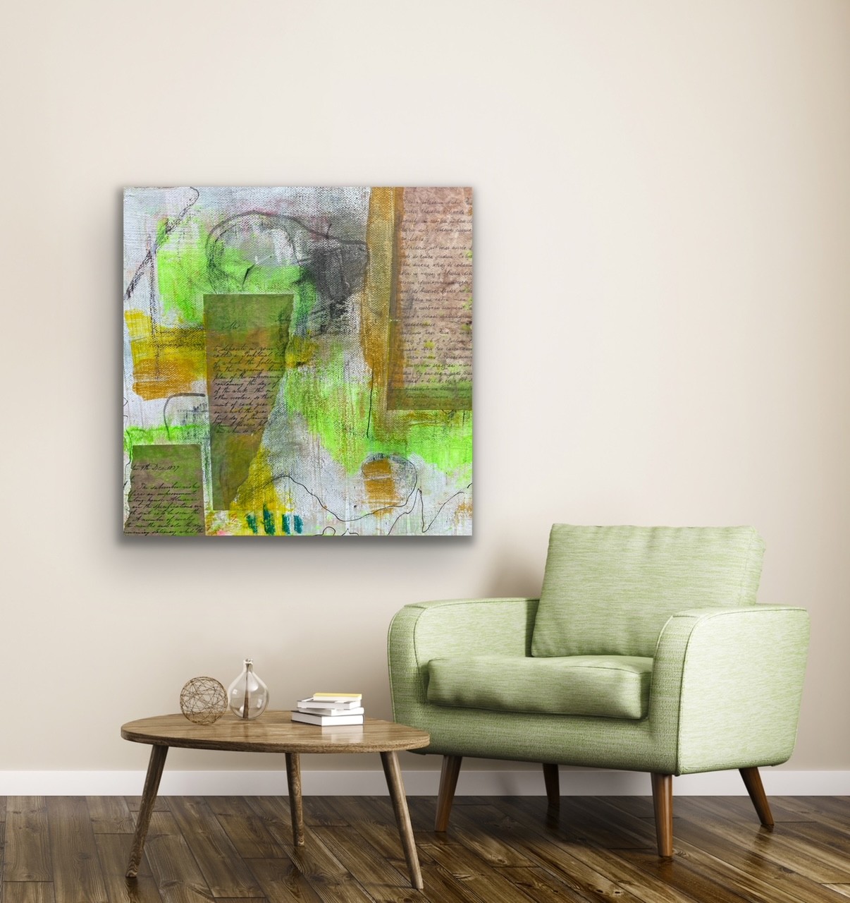 Vibrant abstract art for sale UK green yellows and natural colours