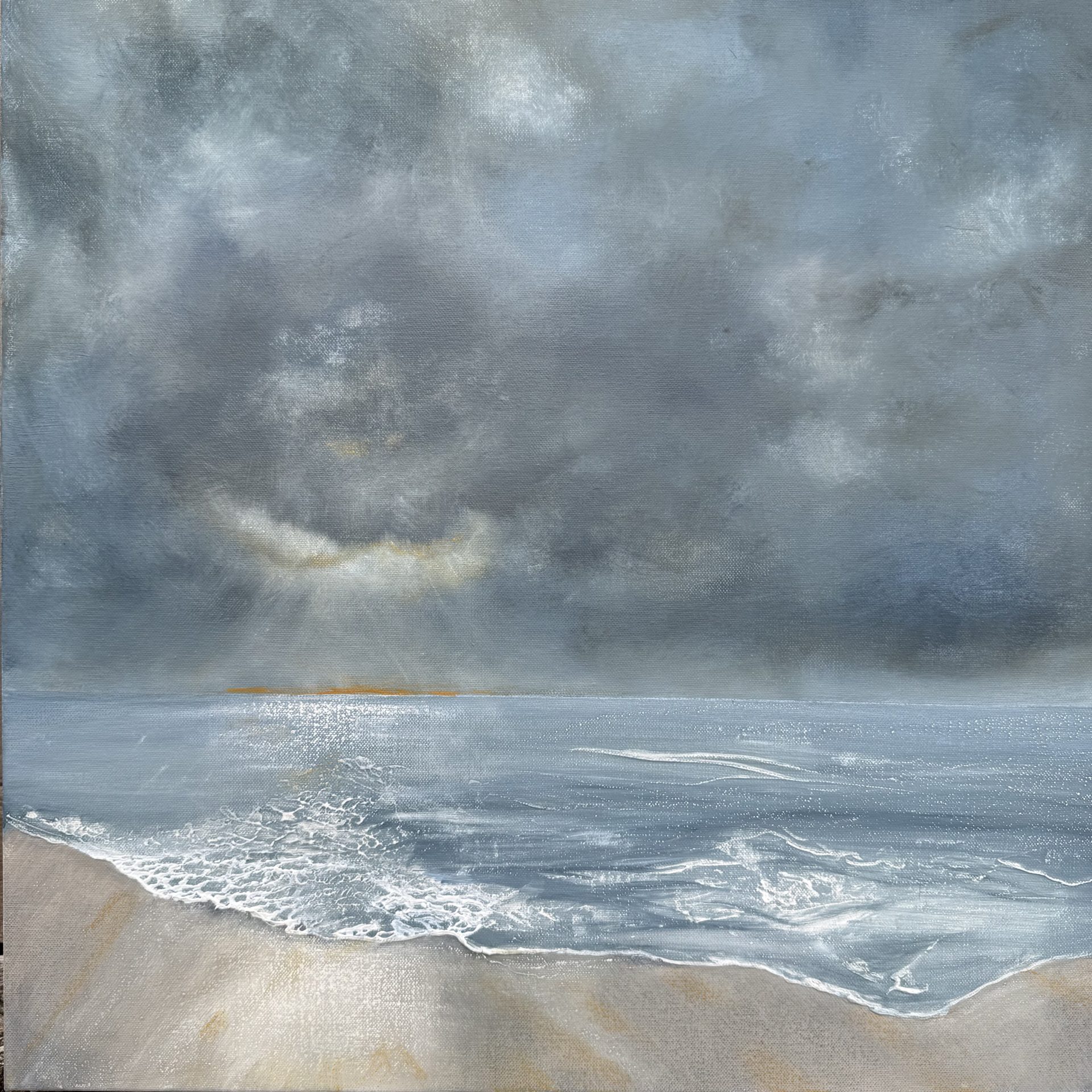 cloudbreak moody sky painting for sale UK with beach and light shining on the sea