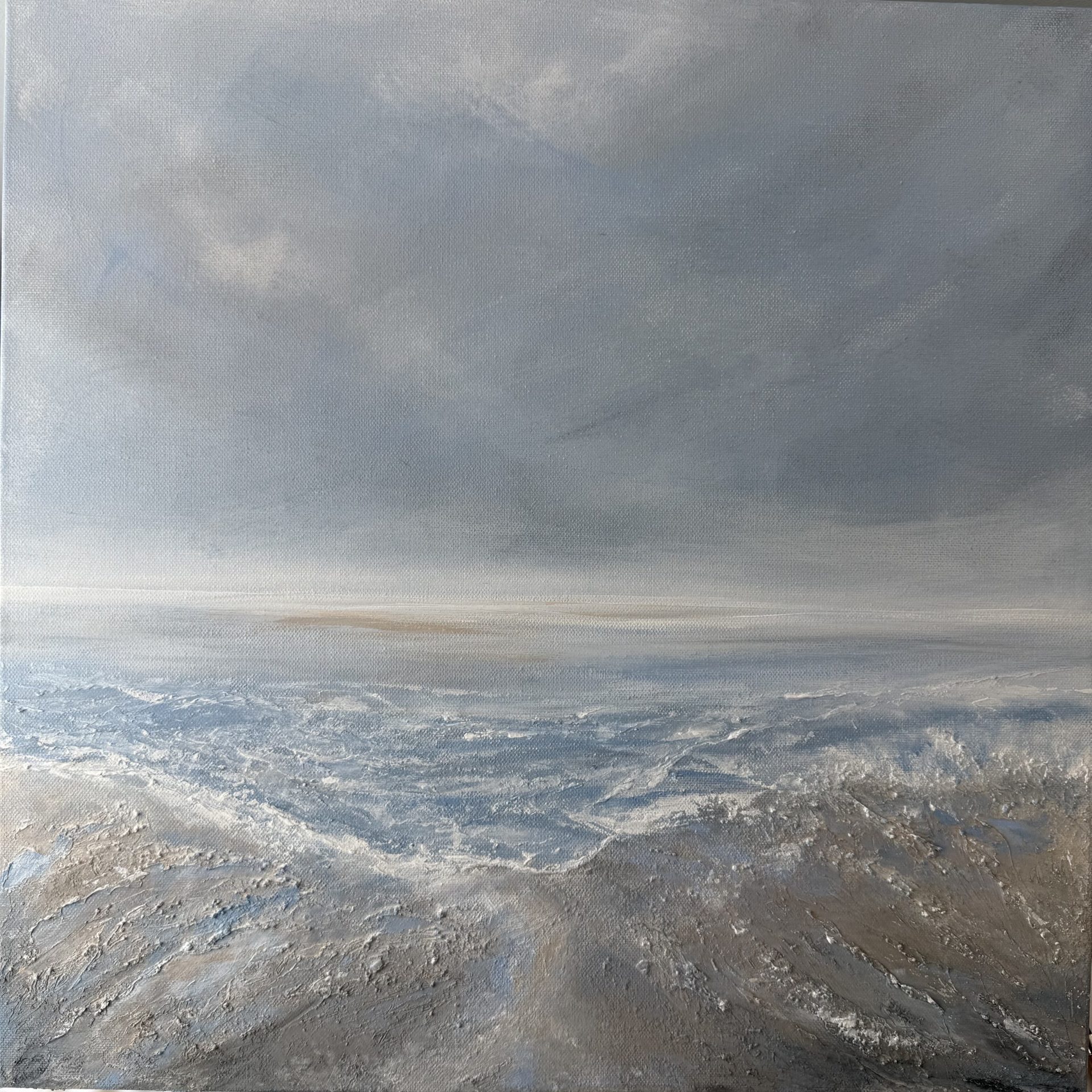 contemporary seascape for sale UK calming beach original artwork moody sky pale blues