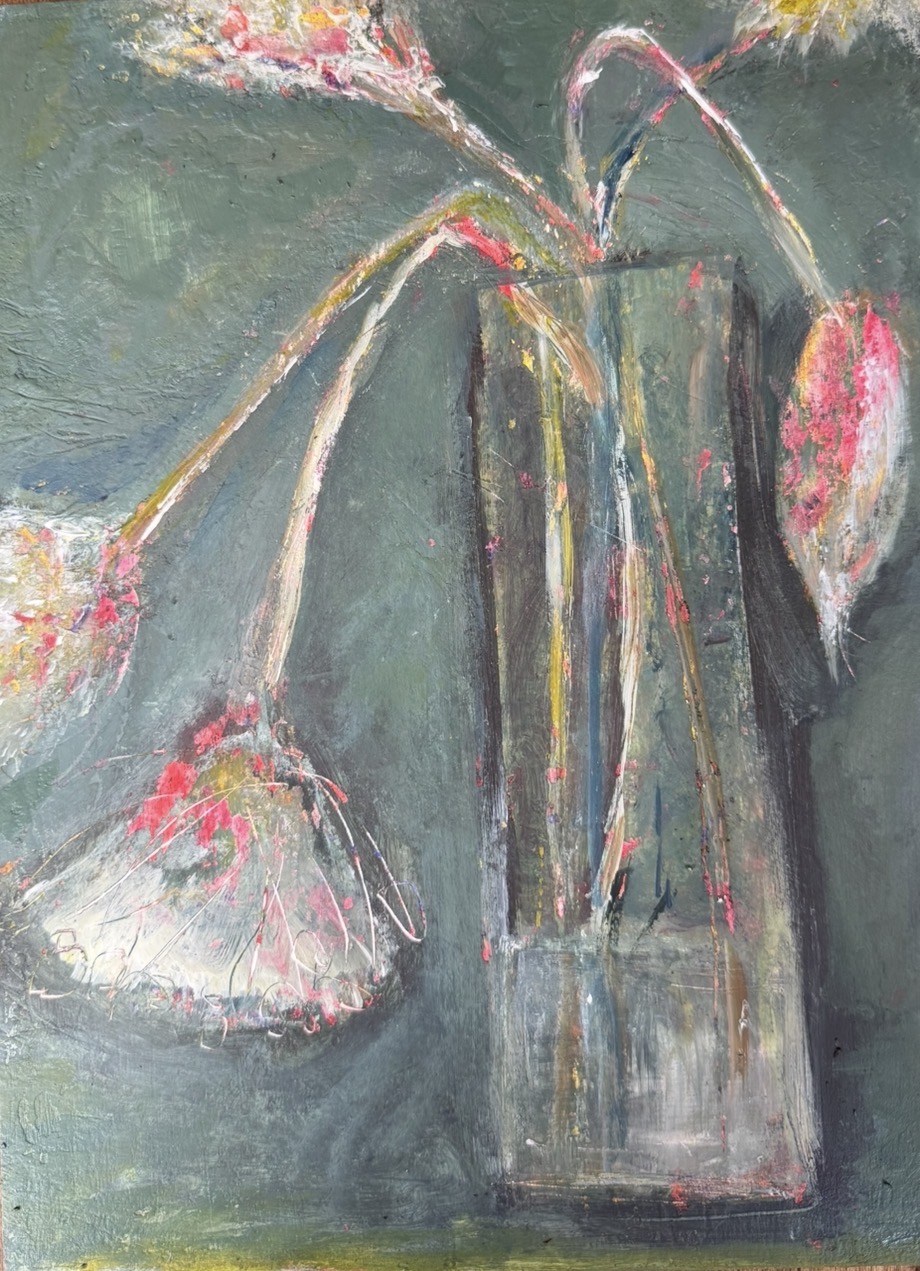 original painting flowers dark moody green with pink for sale