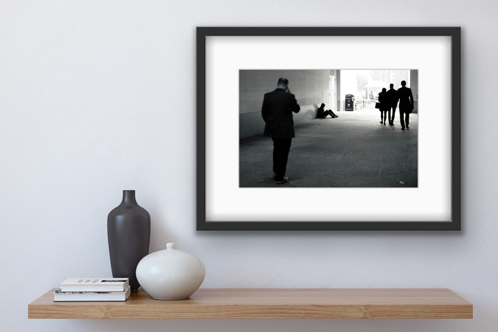 black and white city print with people walking for sale