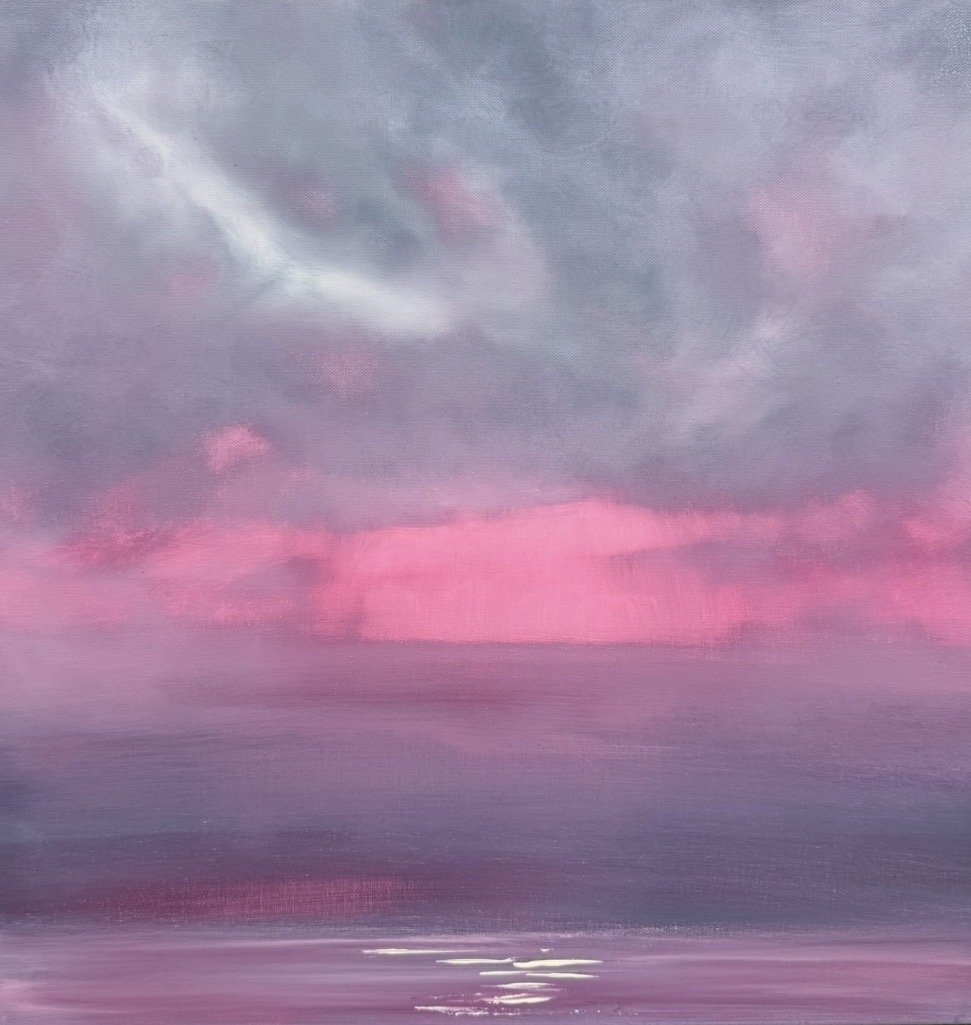 pink sunset original painting by UK artist living in Oxford abstract seascape bright contemporary modern painting
