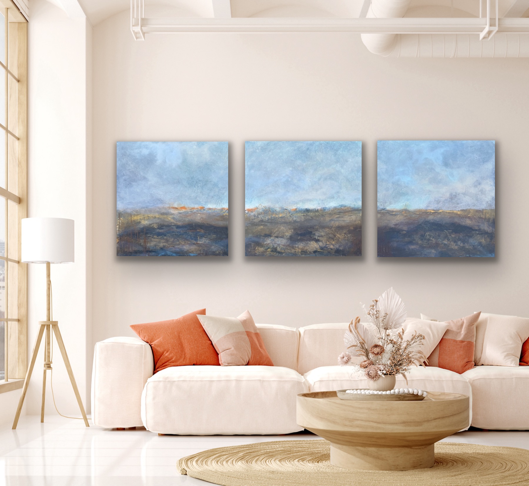 very large abstract landscape brown blue and orange ideal for commercial space hire or for sale UK artist