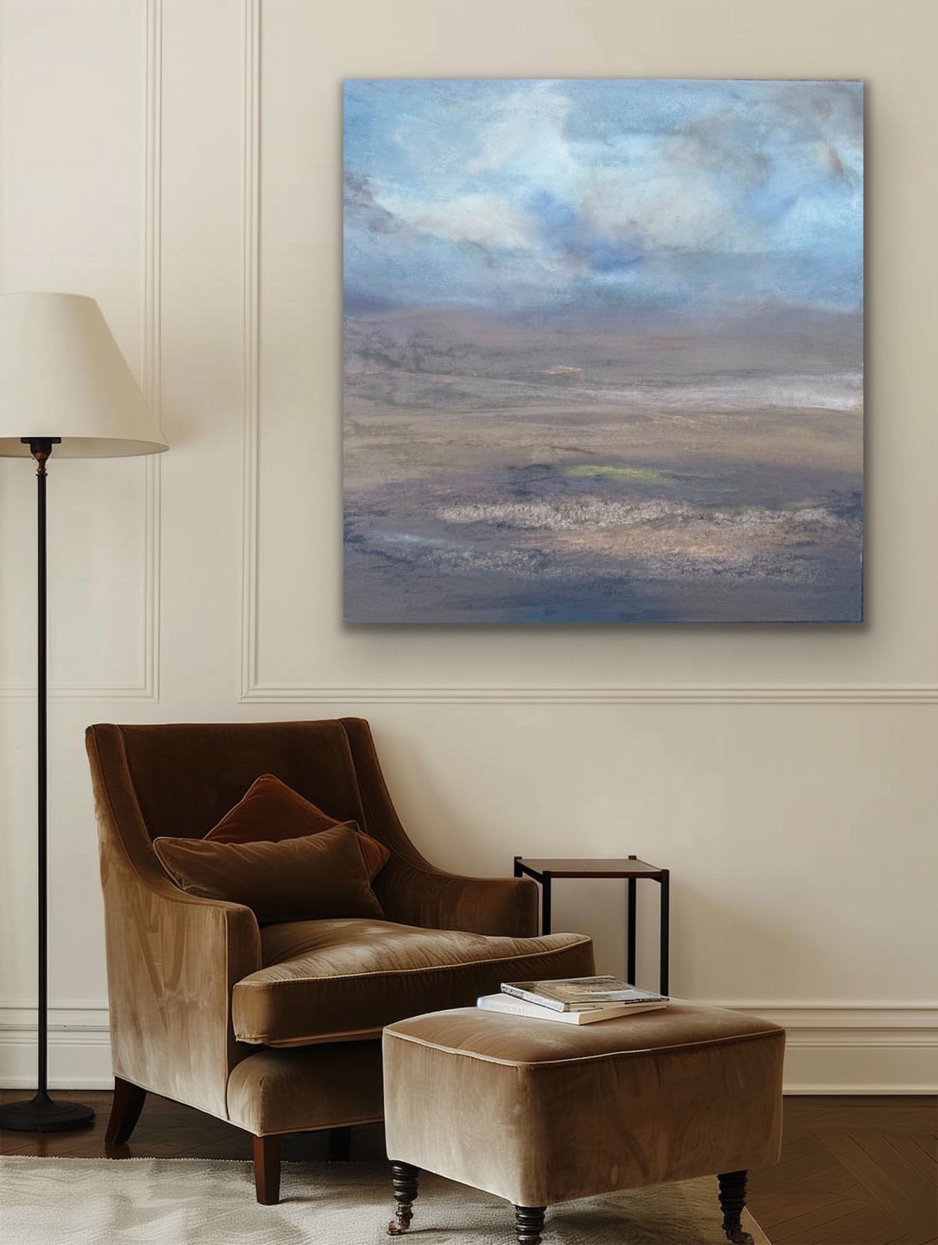 large landscape painting brown and blue contemporary modern landscape painting from UK artist for sale or hire