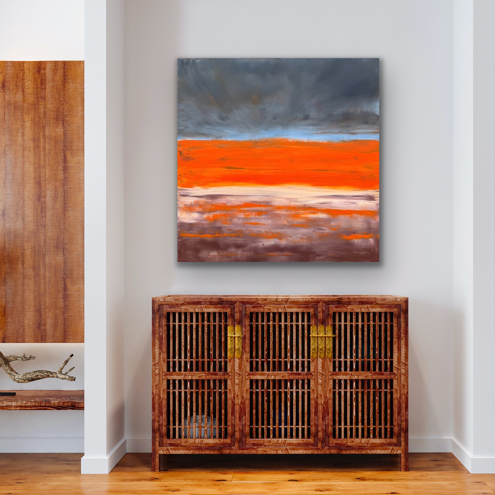 bright orange blue and brown abstract original painting on canvas large 1 metre by UK artist