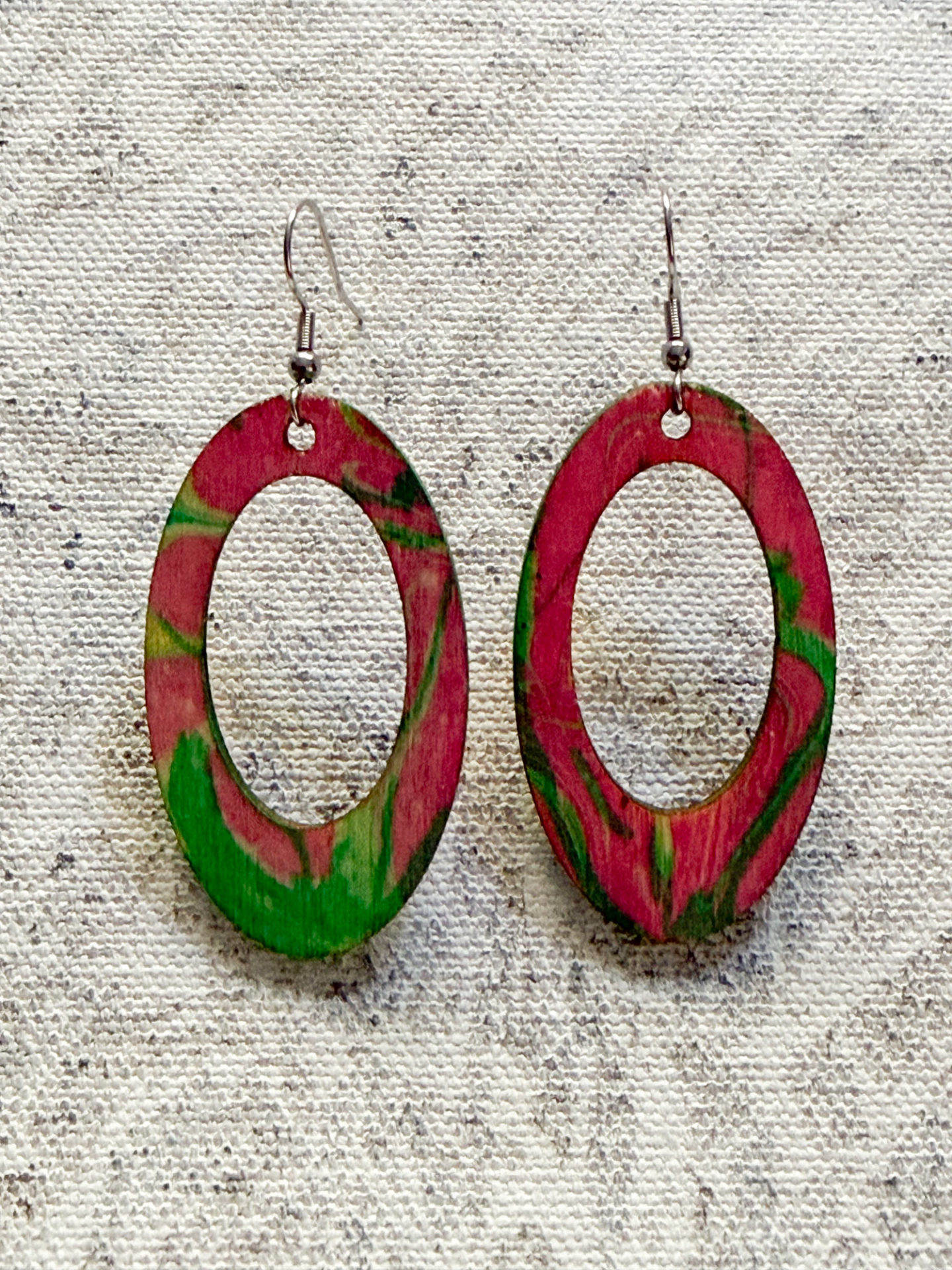 hand painted earrings BIG LOOPS BRIGHT PINK AND GREEN wooden earrings lightweight