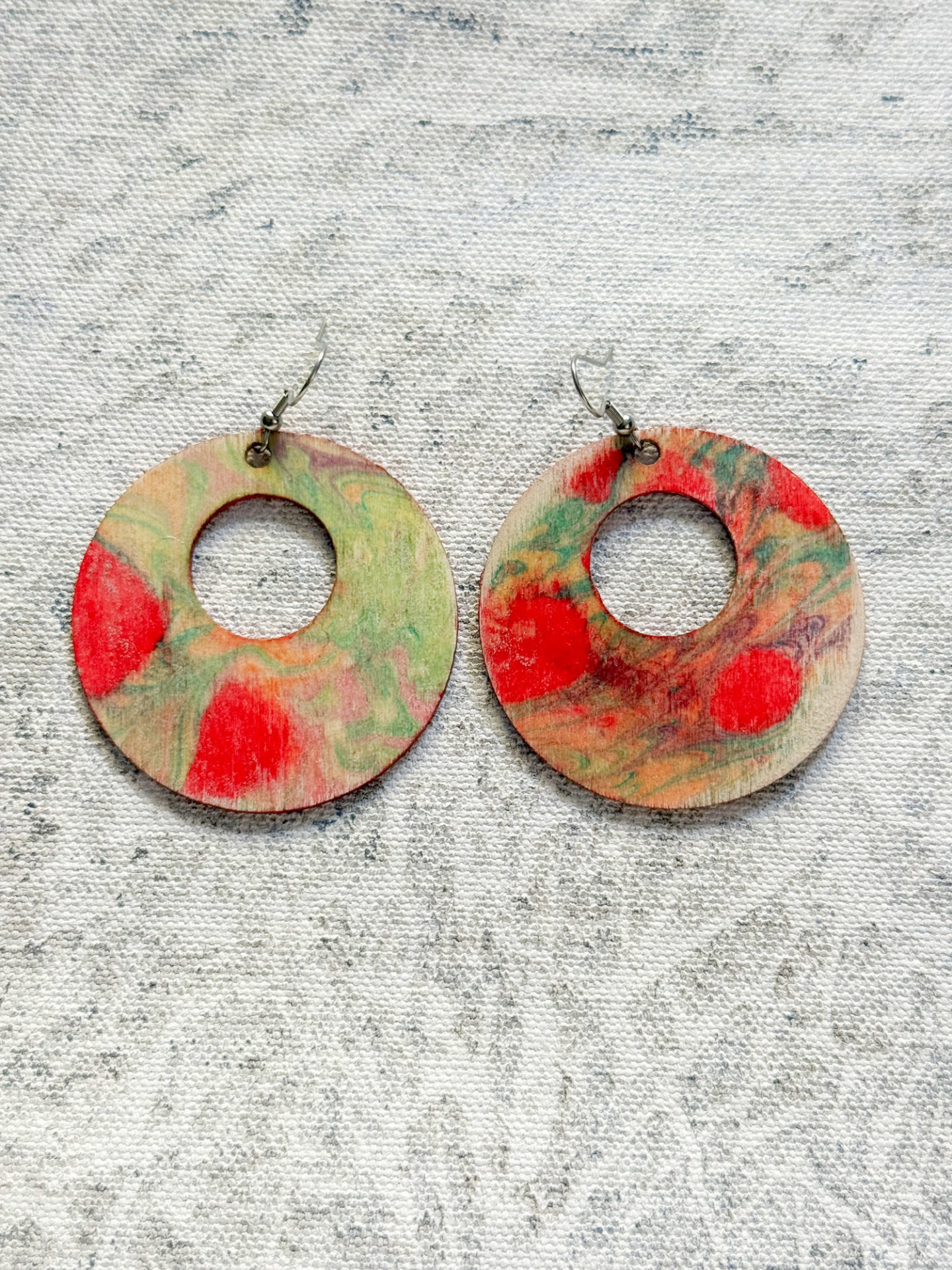 Affordable one of a kind earings large circles bright pink and lime green one of a kind