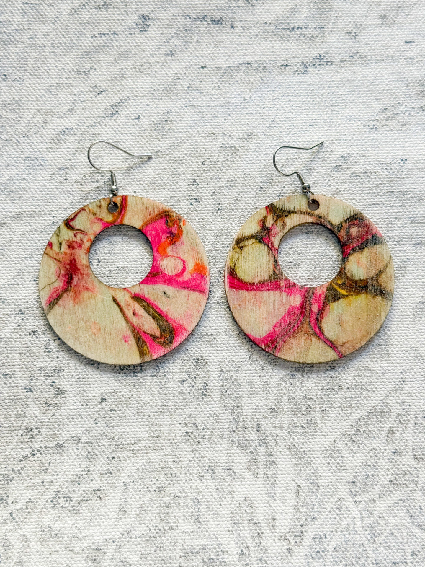 Statement piece earrings large circle lightweight comfortable unique one of a kind earings pink and brown and cream large cirlce