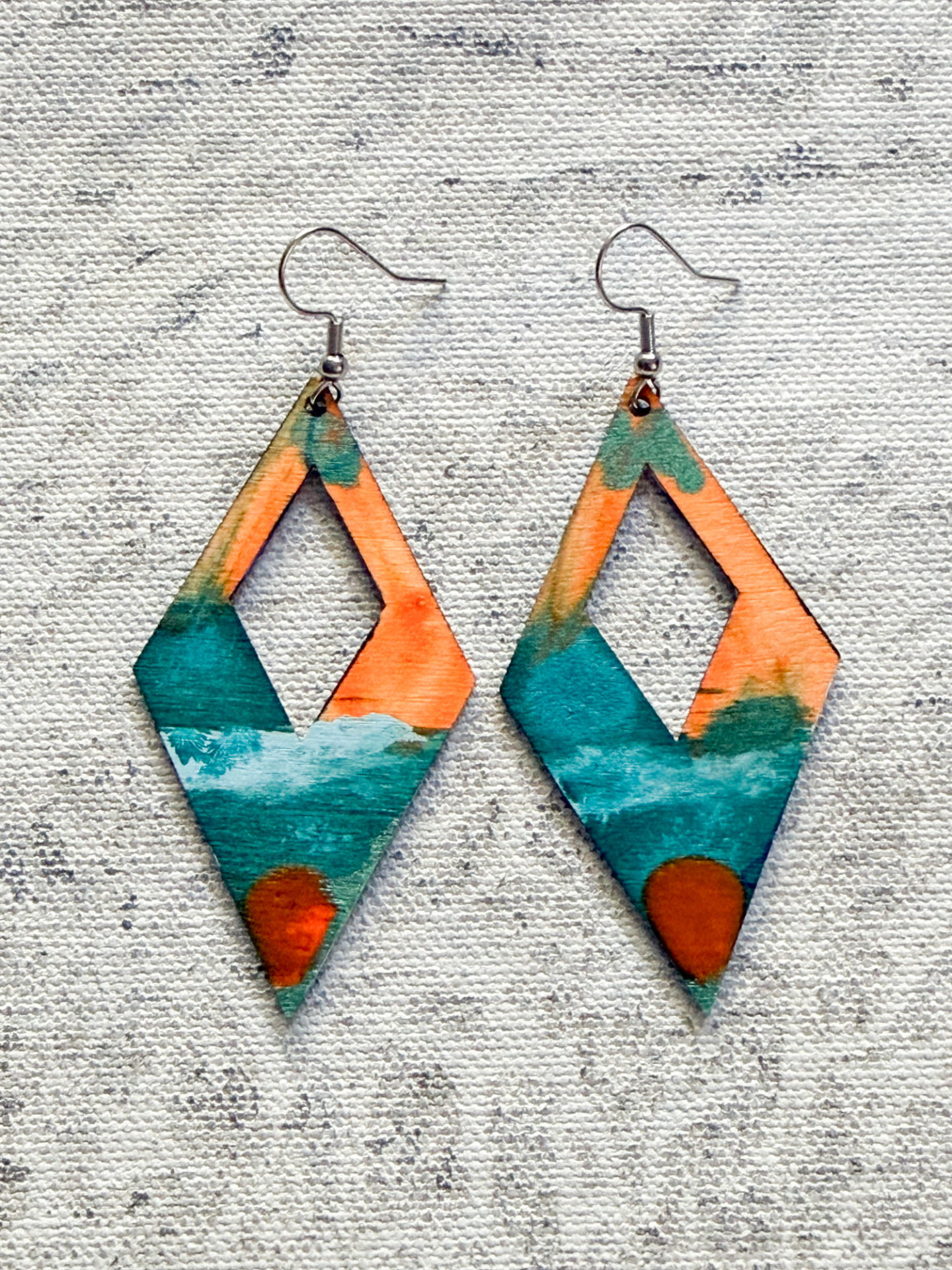 Unique earrings orange and blue vibrant contemporary individual handmade jewellery